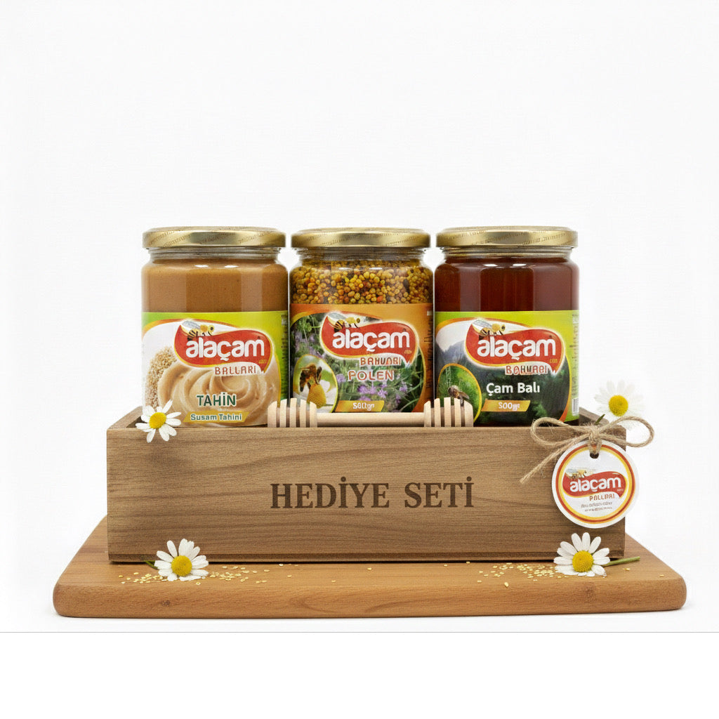 Alaçam Balları Hediyelik Avantaj Seti (Saf Tahin + Polen + Çam Balı 500gr)