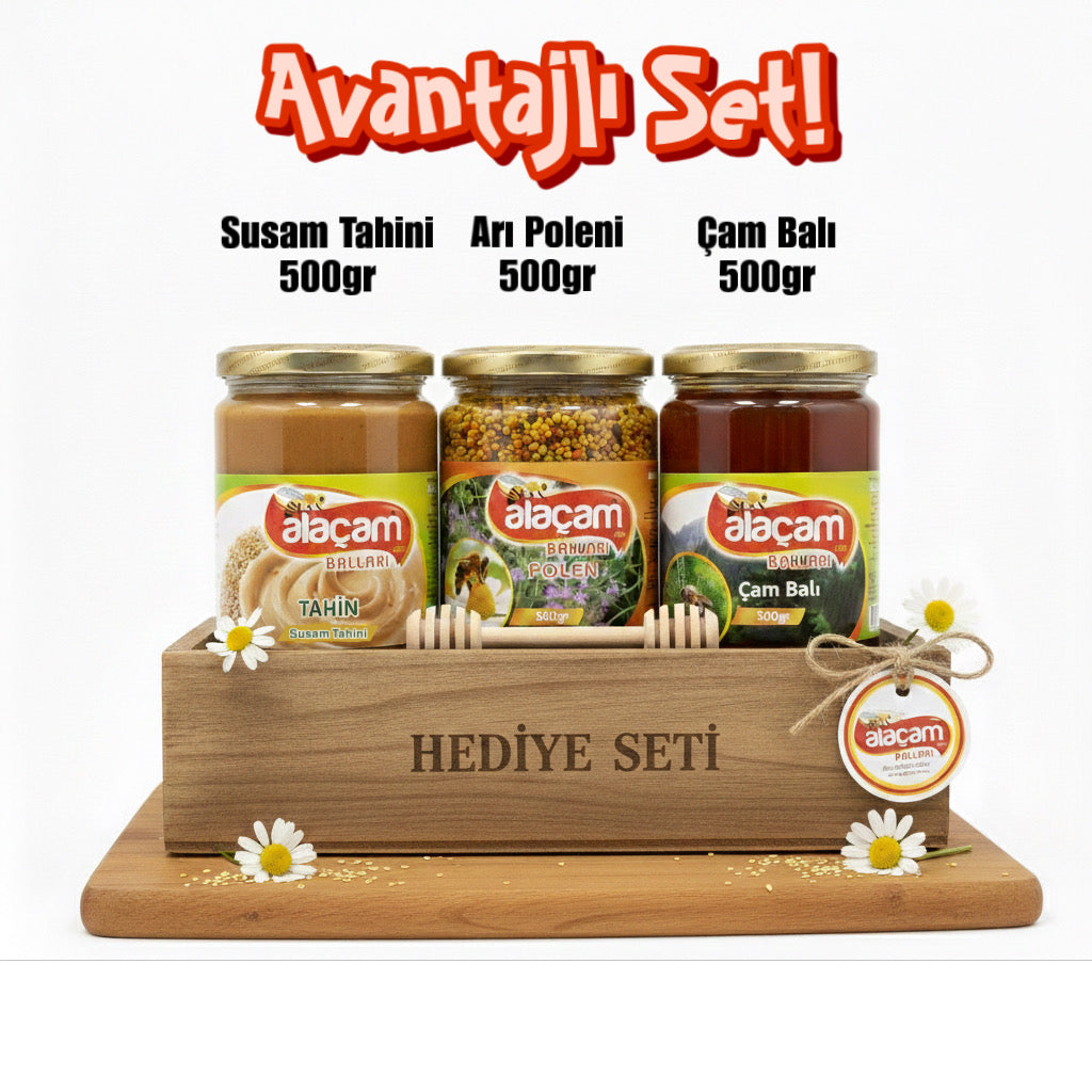 Alaçam Balları Hediyelik Avantaj Seti (Saf Tahin + Polen + Çam Balı 500gr)